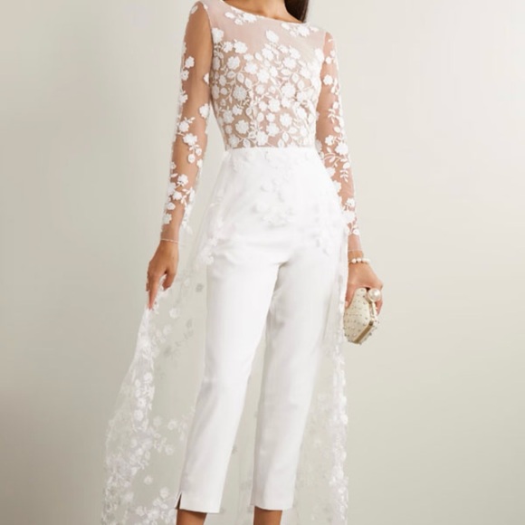 White Bridal Jumpsuit with Lace Train - Picture 8 of 10